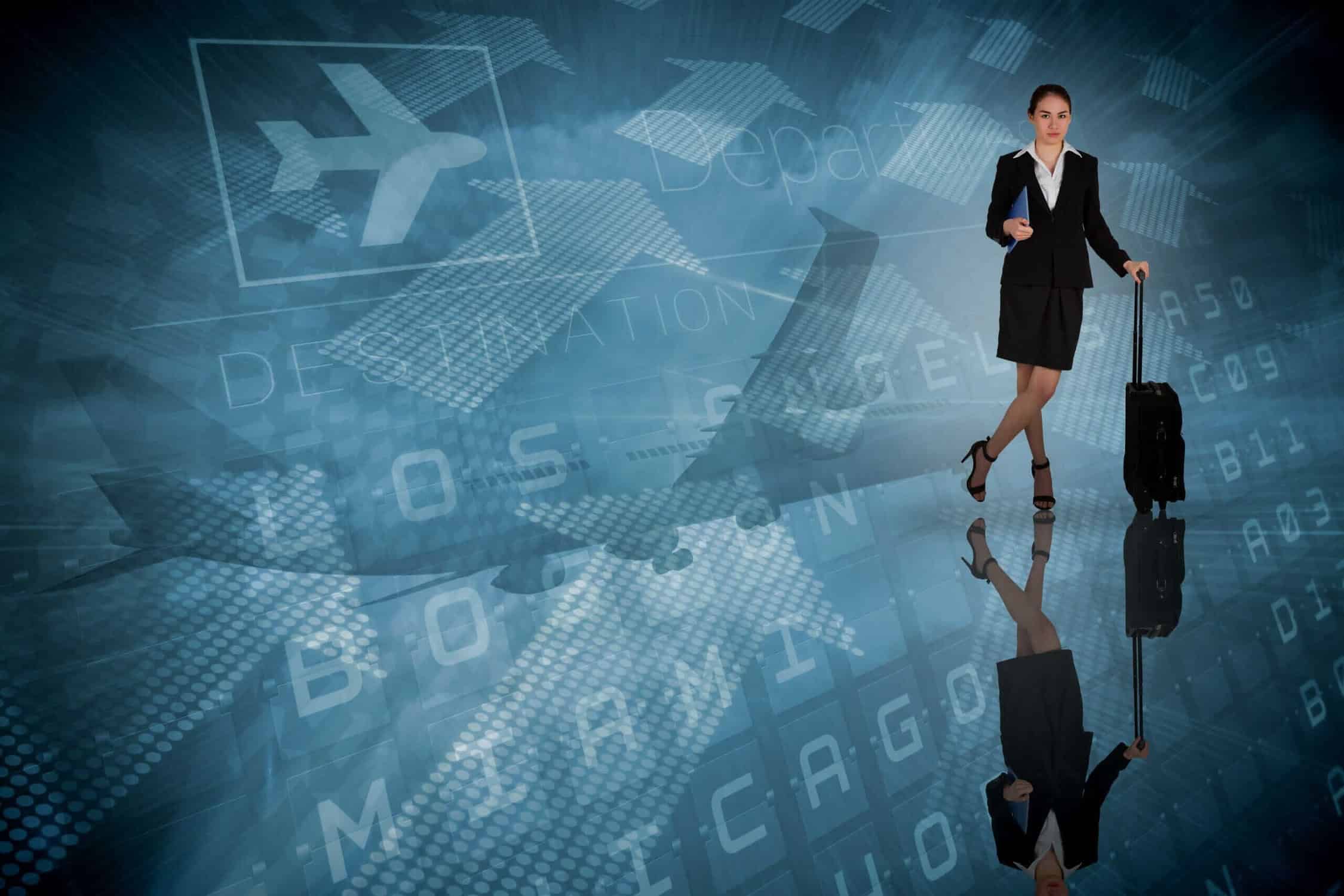 Businesswoman leaning on her suitcase holding tablet pc against blue departures board for american cities